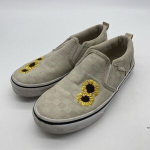 VANS Slip-On Shoes OFF THE WALL Beige Checkered SUNFLOWERS Missy‎ Size 3